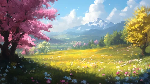 Sunlit meadow of blossoms beneath calm mountain skies.