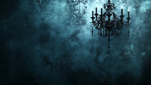 Black chandelier against textured teal wall in shadow.