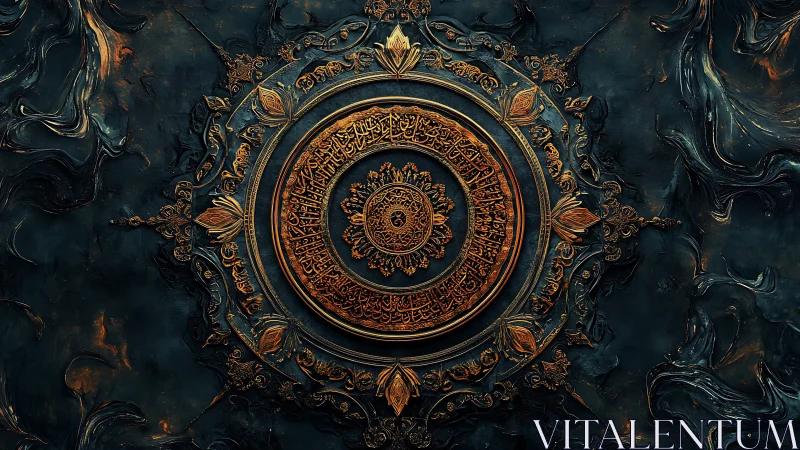 Ornate circular Arabic calligraphy medallion on dark surface