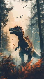 Predatory dinosaur in misty forest with flying pterosaurs.