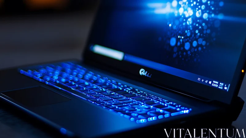 Backlit laptop keyboard in low-key blue illumination study.