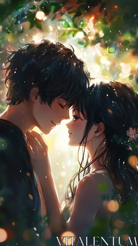 Side view of anime couple standing close under dappled light.