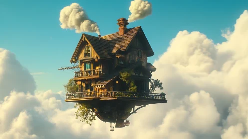 Aerial timber cottage suspended within volumetric cloudscape.