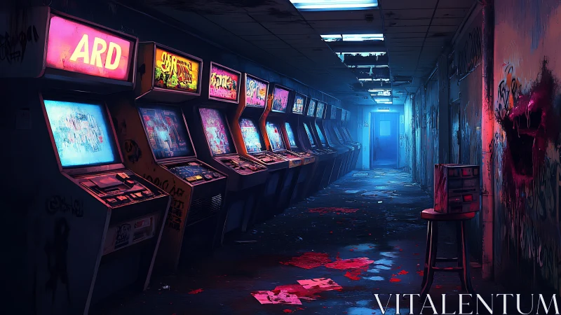 Abandoned neon arcade hallway glows in eerie cyberpunk haze