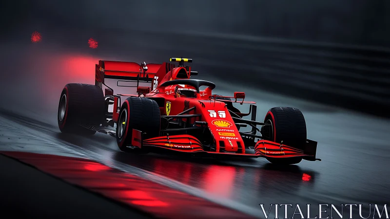 Red Formula 1 car slices through a wet, midnight racetrack