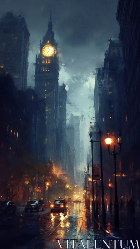 Rain-soaked city street glows beneath looming clocktower