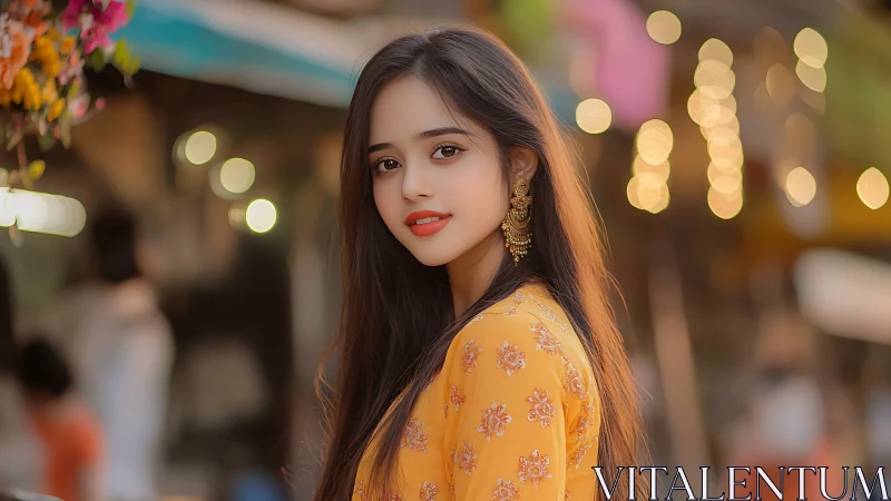 Soft evening glow with a smiling girl in golden yellow dress.