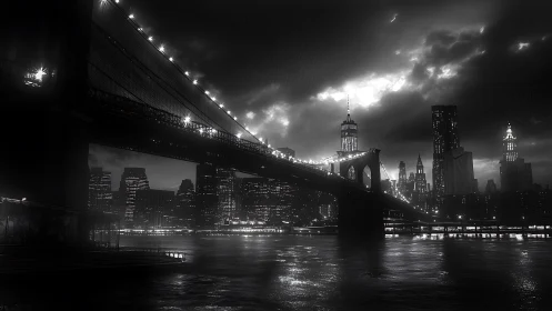 Noir city bridge skyline over river in night rainfall.