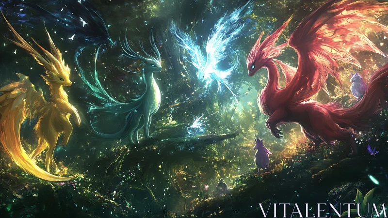 Elemental dragon creatures in luminous forest environment.