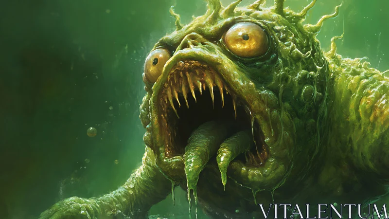 Swampy sea monster roaring from a glowing green abyss.