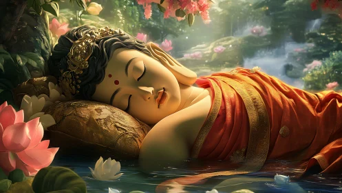 Sleeping Buddha rests in lotus pond under golden light.
