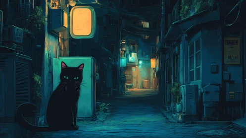 Curious black cat resting in a softly glowing night alley.
