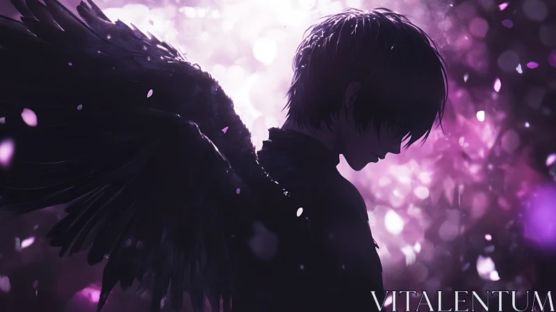 Midnight-winged dreamer exhales violet petals into silence