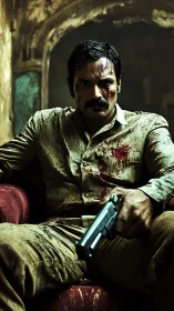 Injured armed man seated in worn interior environment.