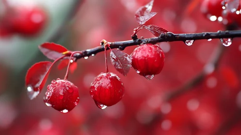 Red berries with raindrops on branch in soft bokeh field.