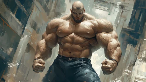 Hyper-muscular bald man in gritty urban digital painting.