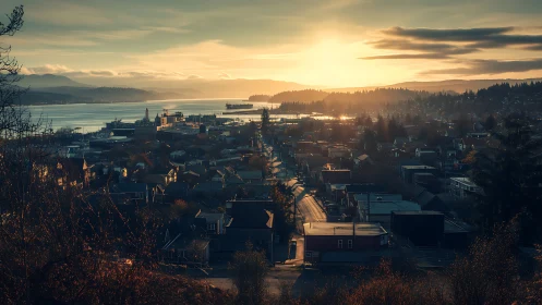 Coastal town panorama under low sun with harbor and hills.