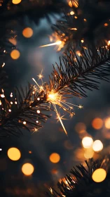 Golden sparkler ignites on evergreen branch in festive bokeh.