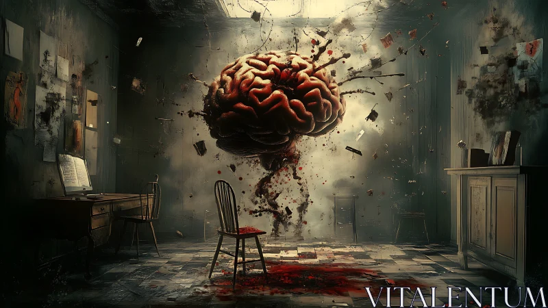 Exploding brain levitates in decayed study with cinematic smoke.