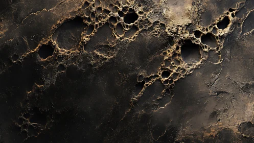 Textured dark surface displays eroded porous metallic crust