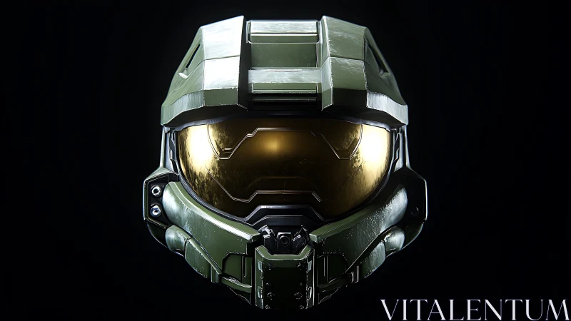 Green sci fi combat helmet with gold visor on black