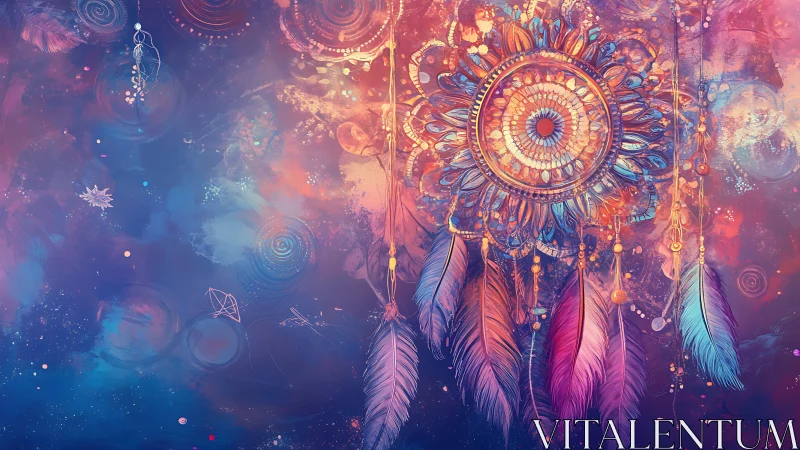 Digital feathered mandala with radial symmetry occupies right side