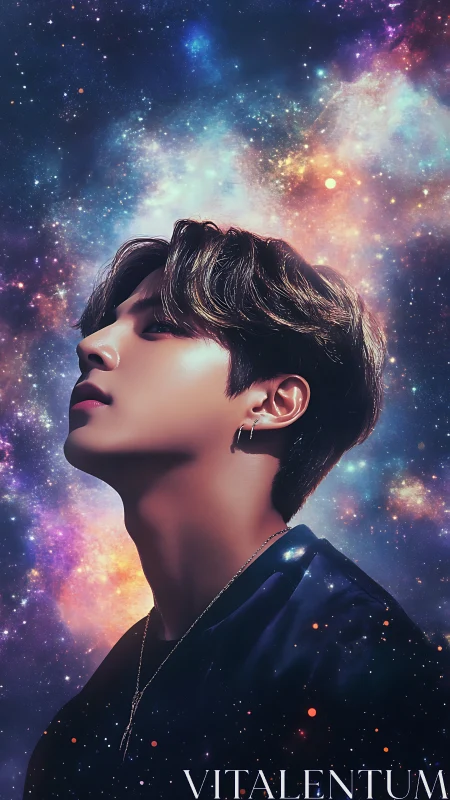 Young man in profile against vivid cosmic galaxy sky.