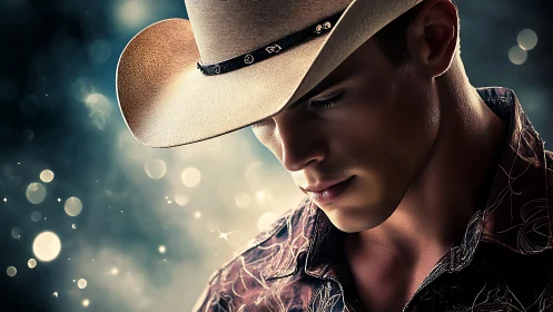 Brooding cowboy portrait glows against dreamy bokeh lights