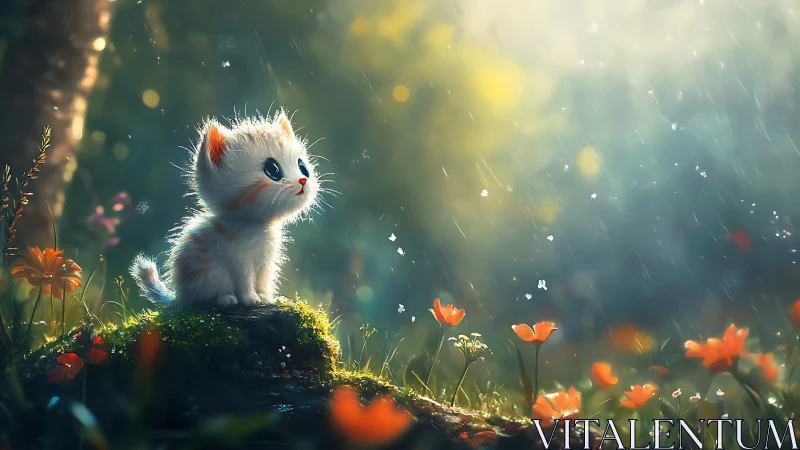 Small white kitten on mossy rock in soft backlight rain.