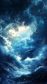 Storm-lit whale ascends through cosmic ocean clouds.