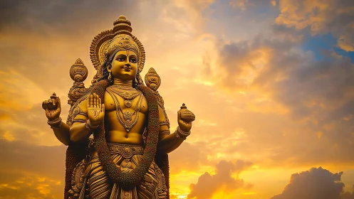 Golden deity rises quietly through a storm-softened sky glow