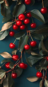 Red cherry clusters on leafy branches against teal backdrop.