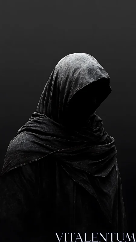 Hooded faceless figure in dark cloak on black background.