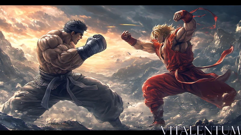 Two muscular fighters square off in a dramatic mountain clash