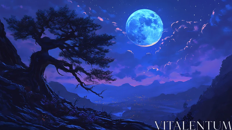 Moonlit valley landscape under luminous indigo sky.
