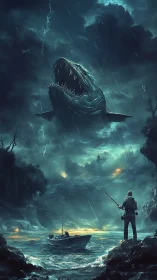 Stormlit fisherman confronts colossal shark above sea gorge.