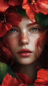 Freckled flame muse crowned in crimson blossom thunder.