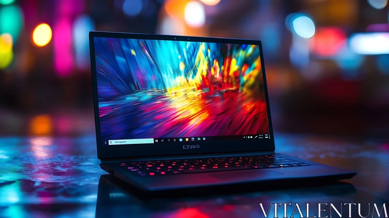 Sleek laptop with vivid abstract display on neon desk.
