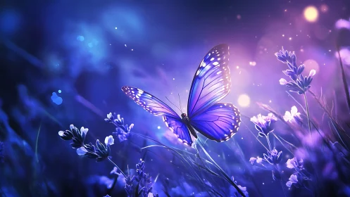 Vibrant blue butterfly resting among glowing purple flowers.