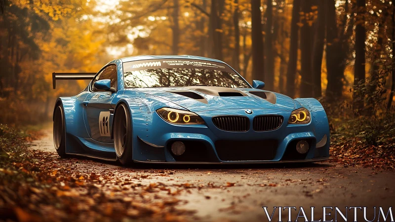 Bold blue race car resting on a quiet autumn forest road.