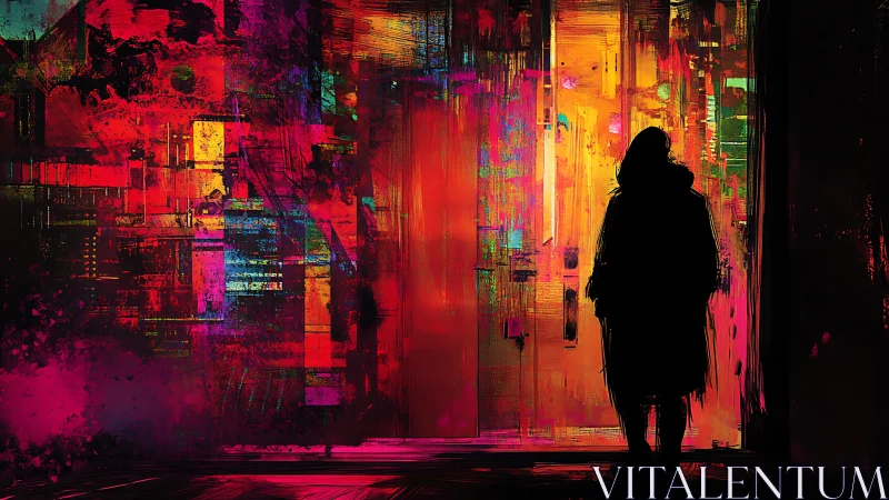 Silhouette stands before vertically layered neon color fields