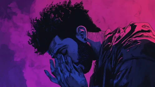 Neon-lit profile portrait isolates pensive male figure in tension