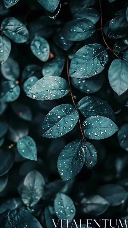 Macro photograph of teal foliage with raindrops on leaves