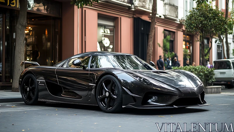 Black carbon fiber hypercar parked on upscale city street.