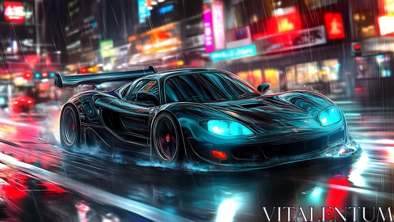 Night rain race car glides through neon city streets with style