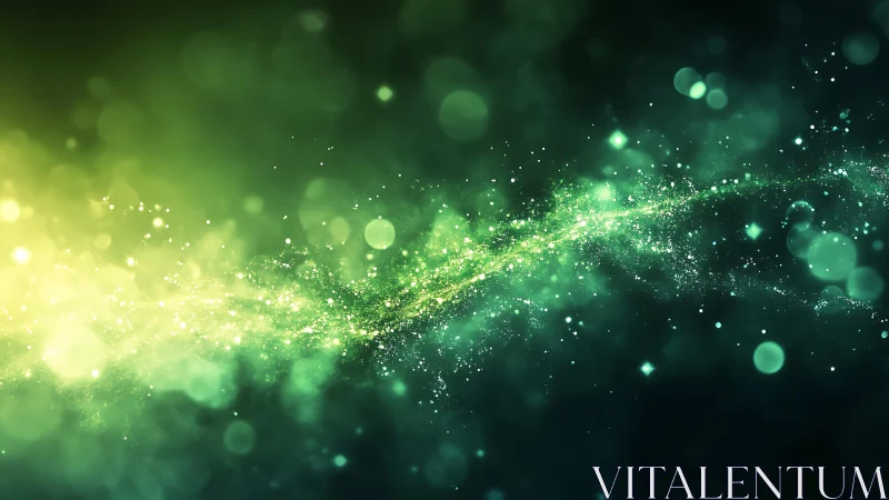 Abstract cosmic light swirl with glowing green and yellow particles.