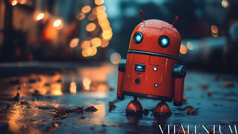 Rain soaked red robot in shallow depth bokeh street scene