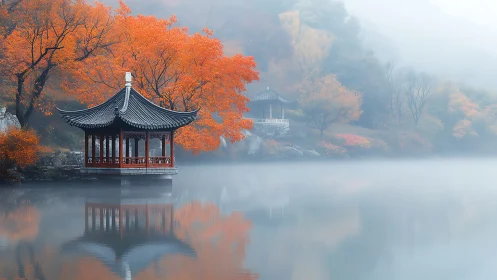 Lakeside pagoda mirrored in misty autumn stillness.