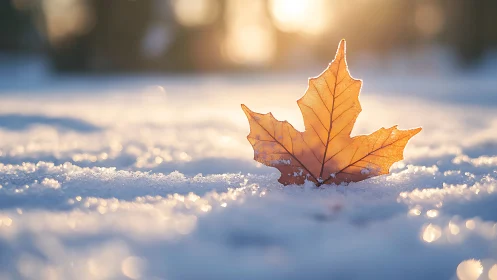 Lone maple leaf glowing warmly on frosted winter snowfield.
