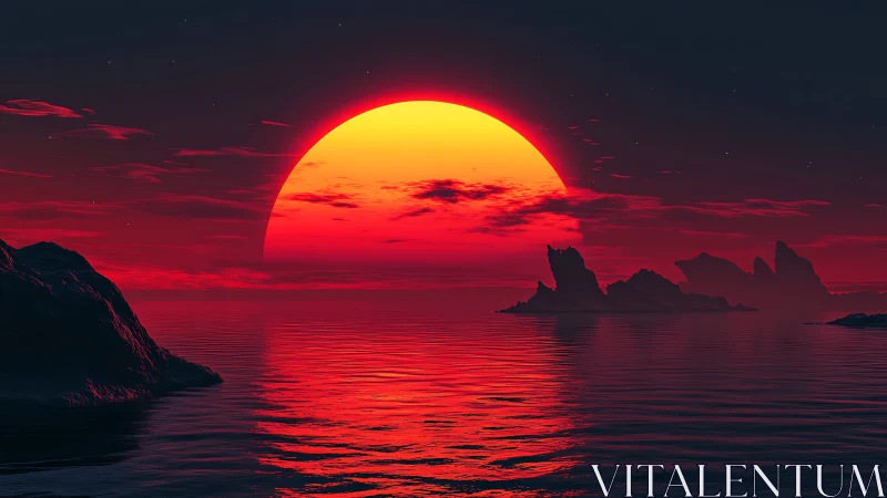 Spectral red ocean sunset with silhouetted lithic outcrops.